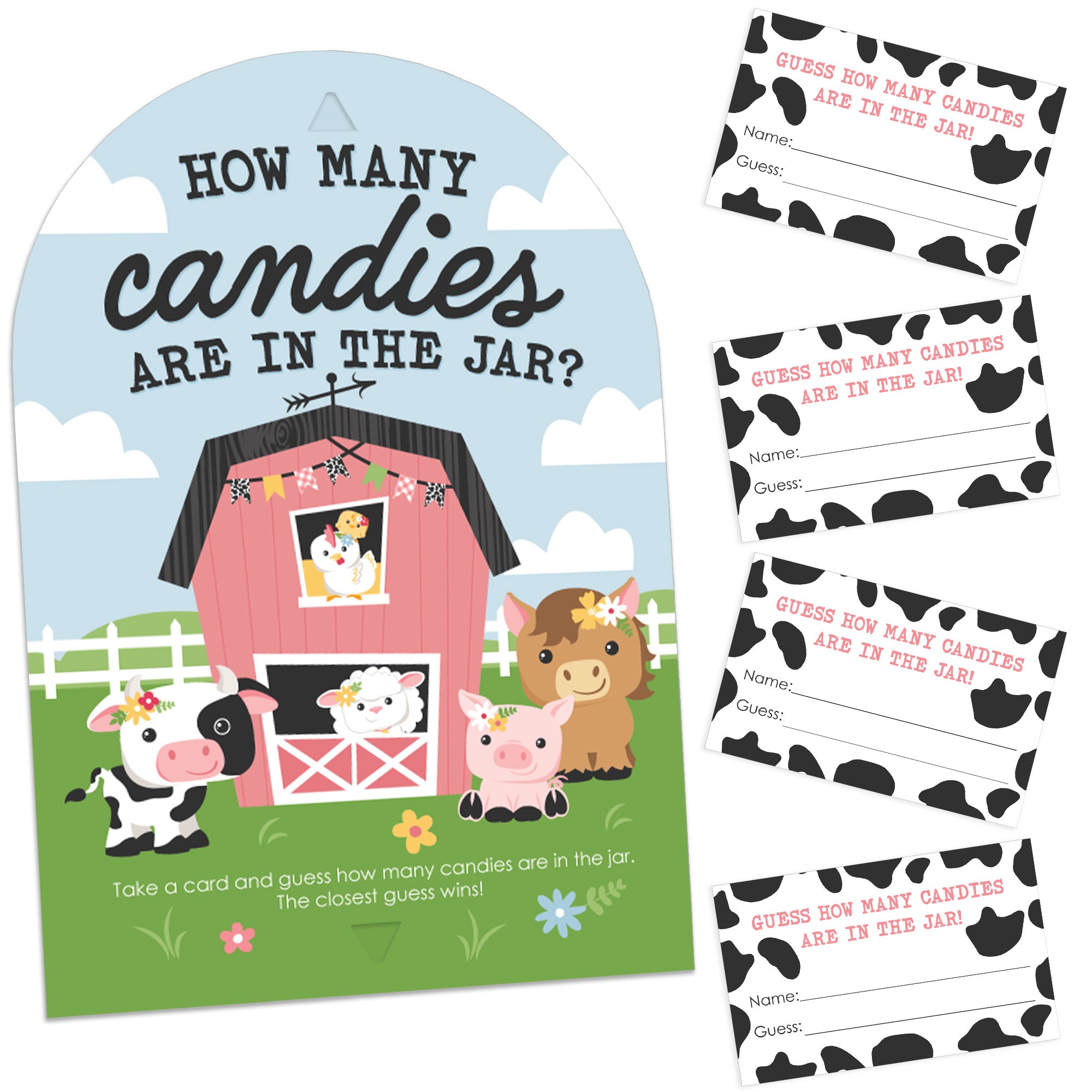 Girl Farm Animals - How Many Candies Pink Barnyard Baby Shower or Birthday  Party Game - 1 Stand and 40 Cards - Candy Guessing Game |  BigDotOfHappiness.com – Big Dot of Happiness LLC