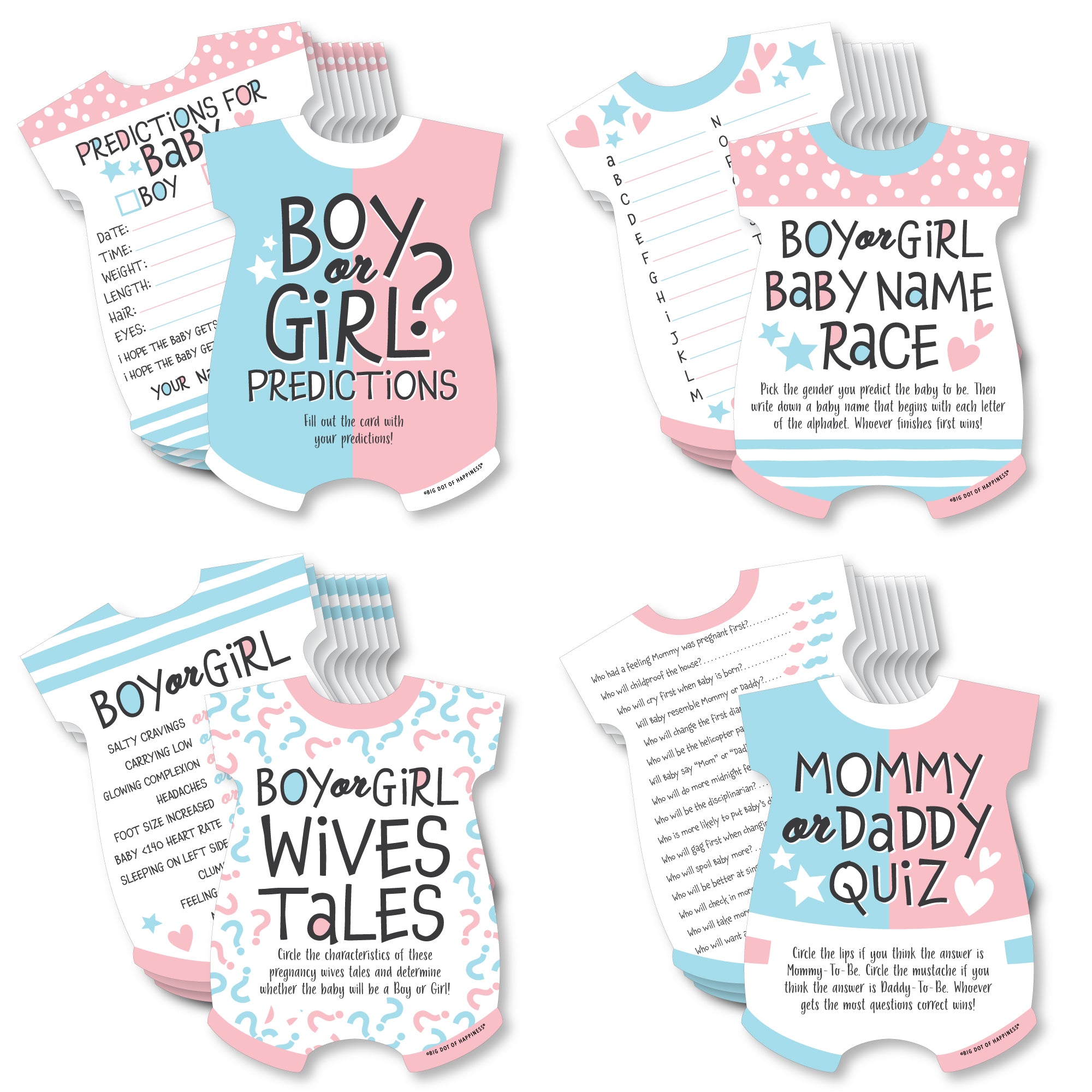 Big Dot of Happiness Baby Gender Reveal - 4 Team Boy or Girl Party Games - 10 Cards Each - Gamerific Bundle