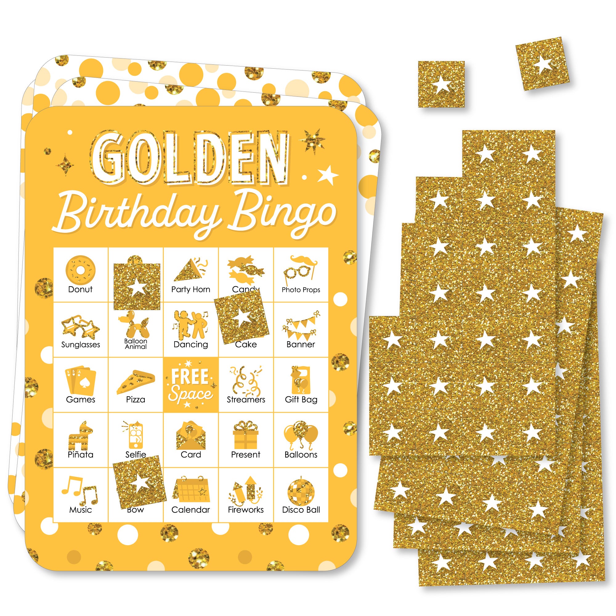 Golden Birthday - Picture Bingo Cards and Markers - Birthday Party Bingo  Game - Set of 18