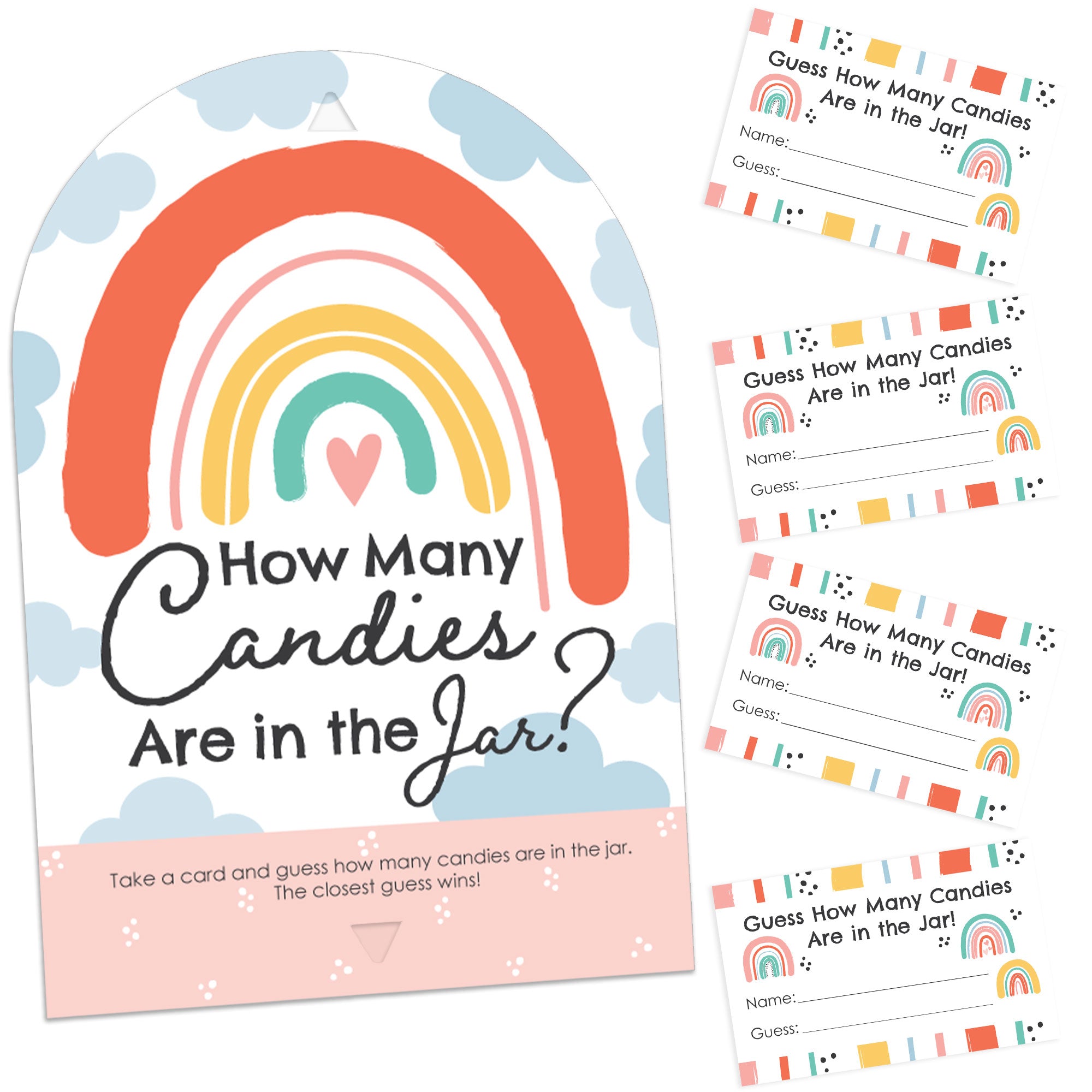 Hello Rainbow - How Many Candies Boho Baby Shower and Birthday Party Game -  1 Stand and 40 Cards - Candy Guessing Game | BigDotOfHappiness.com – Big  Dot of Happiness LLC