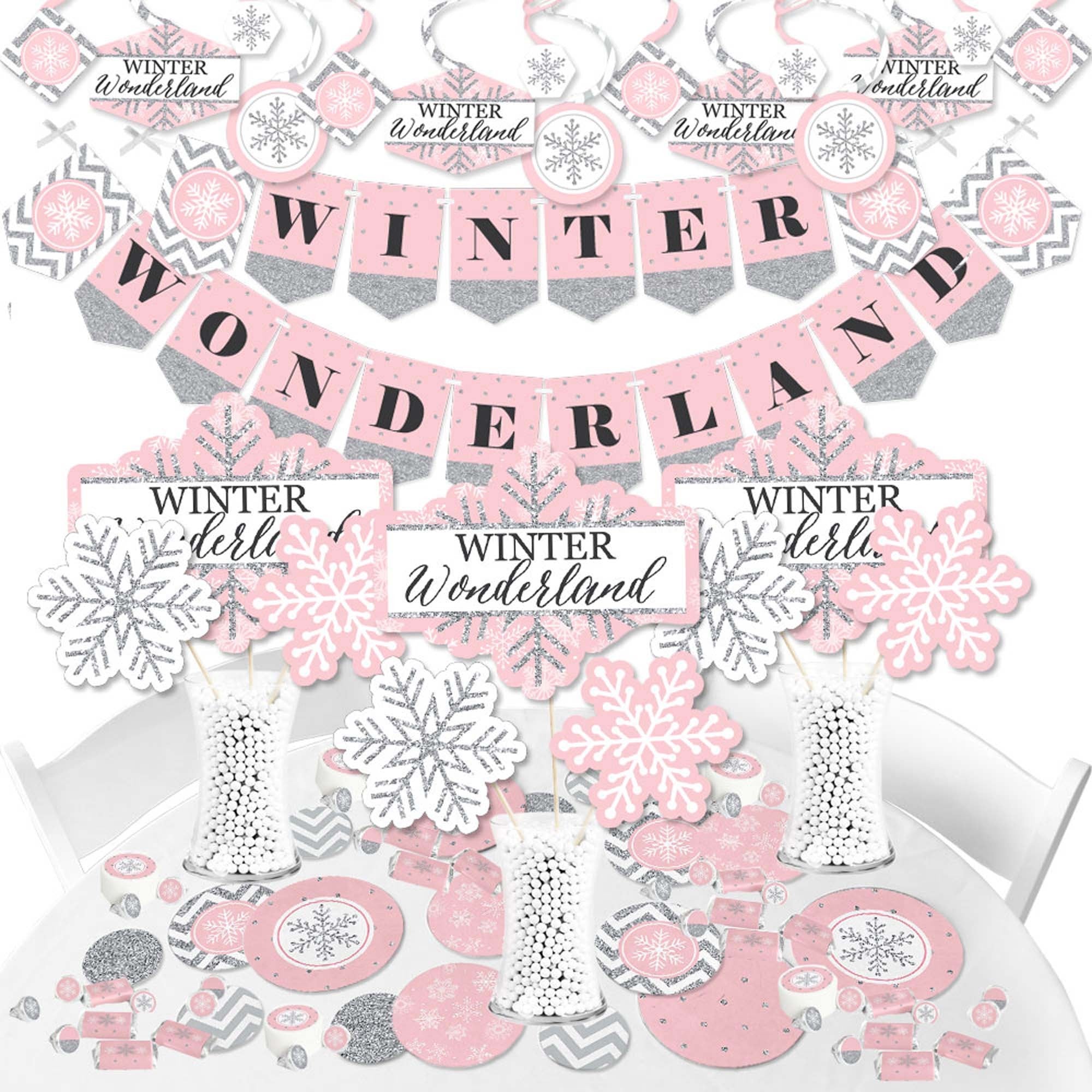 Pink Winter Wonderland - Snowflake Holiday Party and Winter Wedding Supplies  - Banner Decoration Kit - Fundle Bundle