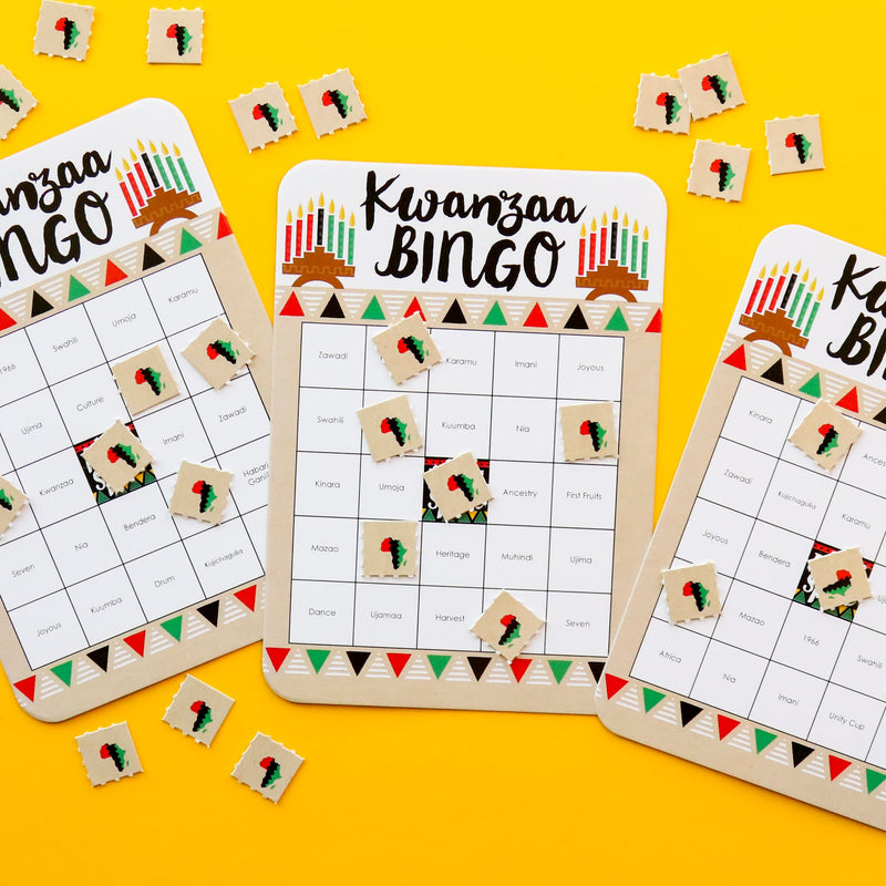 Happy Kwanzaa - Bingo Cards and Markers - African Heritage Holiday Bingo Game - Set of 18