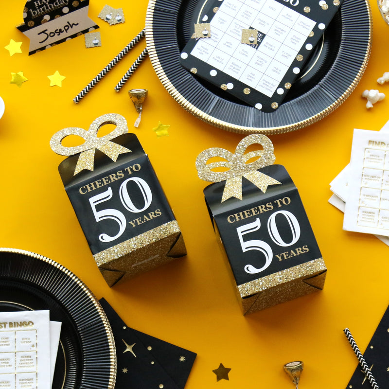 Adult 50th Birthday - Gold - Square Favor Gift Boxes - Birthday Party Bow Boxes - Set of 12