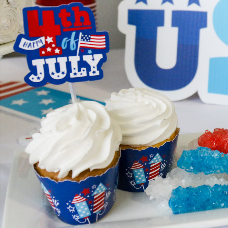 Firecracker 4th of July - Dessert Cupcake Toppers - Red, White and Royal Blue Party Clear Treat Picks - Set of 24