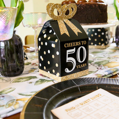 Adult 50th Birthday - Gold - Square Favor Gift Boxes - Birthday Party Bow Boxes - Set of 12