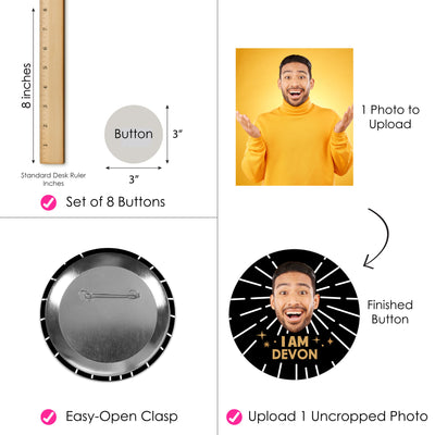 Custom Photo Fun Face Black & Gold Birthday Pinback Buttons