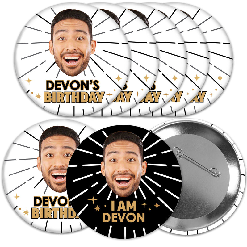 Custom Photo Fun Face Black & Gold Birthday Pinback Buttons