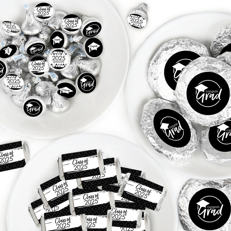 Black and White Grad - Best is Yet to Come - Mini Candy Bar Wrappers, Round Candy Stickers and Circle Stickers - 2025 Black and White Graduation Party Candy Favor Sticker Kit - 304 Pieces