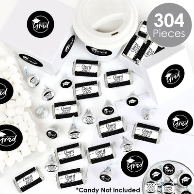 Black and White Grad - Best is Yet to Come - Mini Candy Bar Wrappers, Round Candy Stickers and Circle Stickers - 2025 Black and White Graduation Party Candy Favor Sticker Kit - 304 Pieces