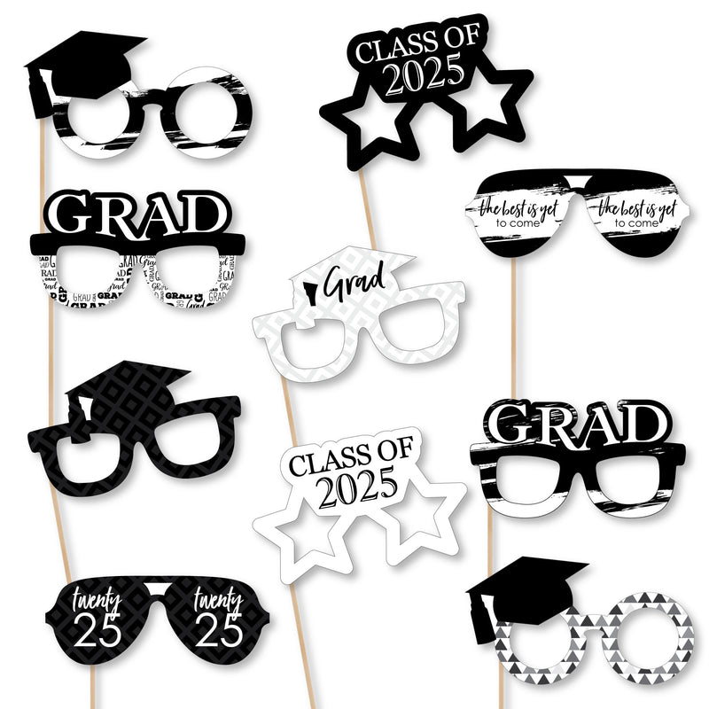 Black and White Grad Glasses - Best is Yet to Come - Black and White 2025 Paper Card Stock Graduation Party Photo Booth Props Kit - 10 Count