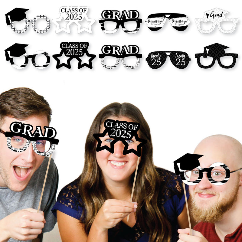 Black and White Grad Glasses - Best is Yet to Come - Black and White 2025 Paper Card Stock Graduation Party Photo Booth Props Kit - 10 Count