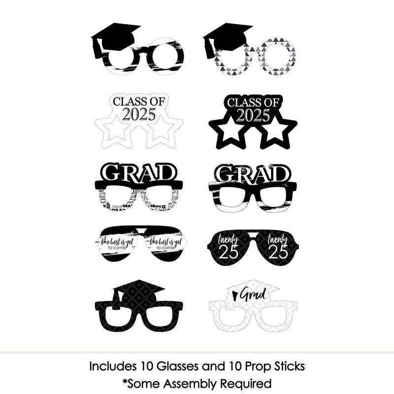 Black and White Grad Glasses - Best is Yet to Come - Black and White 2025 Paper Card Stock Graduation Party Photo Booth Props Kit - 10 Count