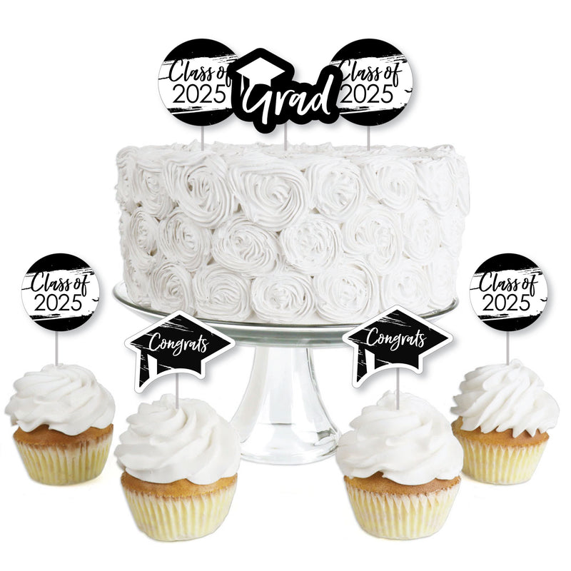 Black and White Grad - Best is Yet to Come - Dessert Cupcake Toppers - Black and White 2025 Graduation Party Clear Treat Picks - Set of 24