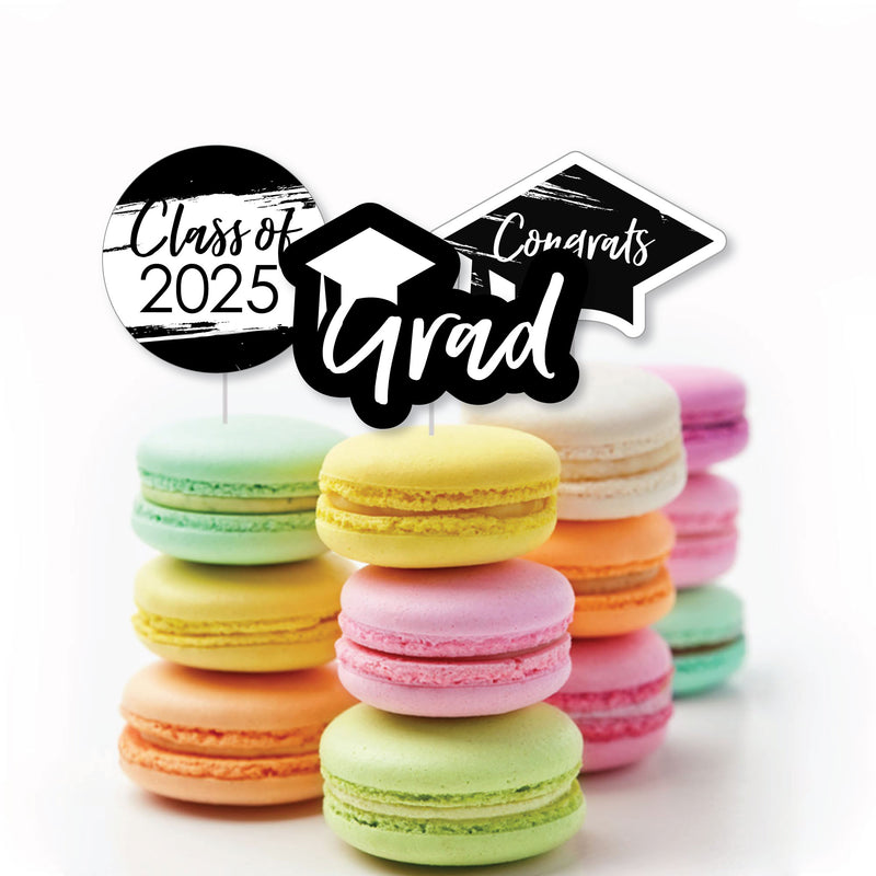 Black and White Grad - Best is Yet to Come - Dessert Cupcake Toppers - Black and White 2025 Graduation Party Clear Treat Picks - Set of 24