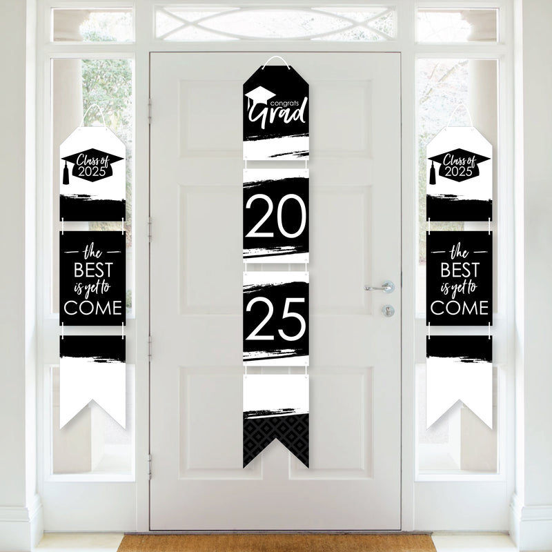 Black and White Grad - Best is Yet to Come - Hanging Vertical Paper Door Banners - 2025 Black and White Graduation Party Wall Decoration Kit - Indoor Door Decor