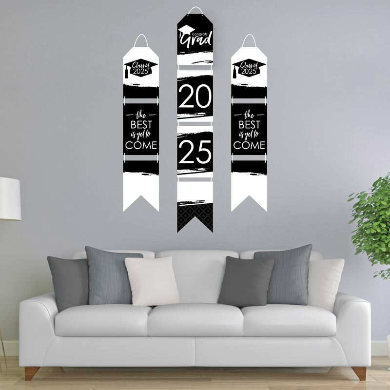 Black and White Grad - Best is Yet to Come - Hanging Vertical Paper Door Banners - 2025 Black and White Graduation Party Wall Decoration Kit - Indoor Door Decor