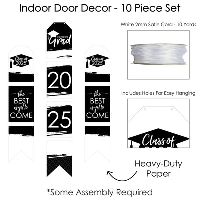 Black and White Grad - Best is Yet to Come - Hanging Vertical Paper Door Banners - 2025 Black and White Graduation Party Wall Decoration Kit - Indoor Door Decor