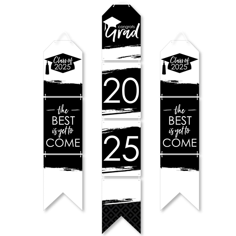 Black and White Grad - Best is Yet to Come - Hanging Vertical Paper Door Banners - 2025 Black and White Graduation Party Wall Decoration Kit - Indoor Door Decor