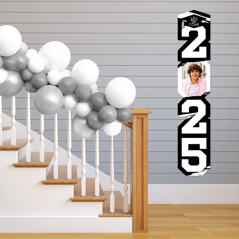 Black and White Grad - Best is Yet to Come - Custom 2025 Black and White Graduation Party Vertical Decoration - Photo Shaped Banner