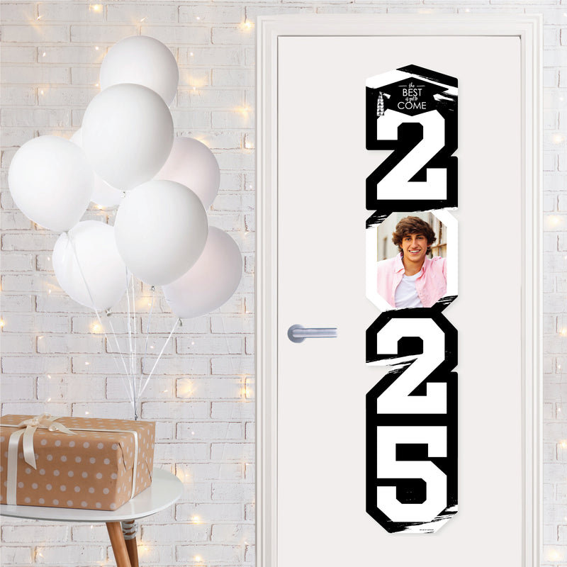 Black and White Grad - Best is Yet to Come - Custom 2025 Black and White Graduation Party Vertical Decoration - Photo Shaped Banner