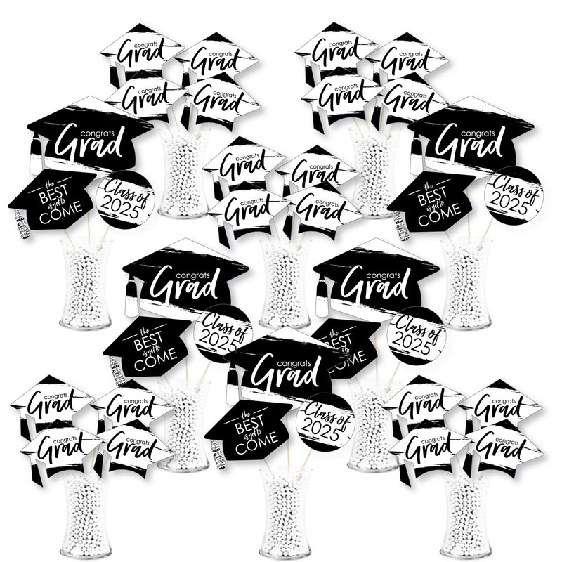 Black and White Grad - Best is Yet to Come - 2025 Black and White Graduation Party Centerpiece Sticks - Showstopper Table Toppers - 35 Pieces