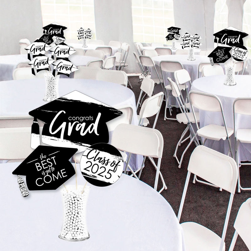 Black and White Grad - Best is Yet to Come - 2025 Black and White Graduation Party Centerpiece Sticks - Showstopper Table Toppers - 35 Pieces