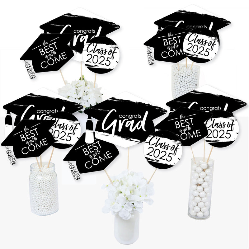 Black and White Grad - Best is Yet to Come - 2025 Black and White Graduation Party Centerpiece Sticks - Table Toppers - Set of 15