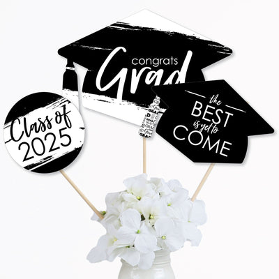 Black and White Grad - Best is Yet to Come - 2025 Black and White Graduation Party Centerpiece Sticks - Table Toppers - Set of 15