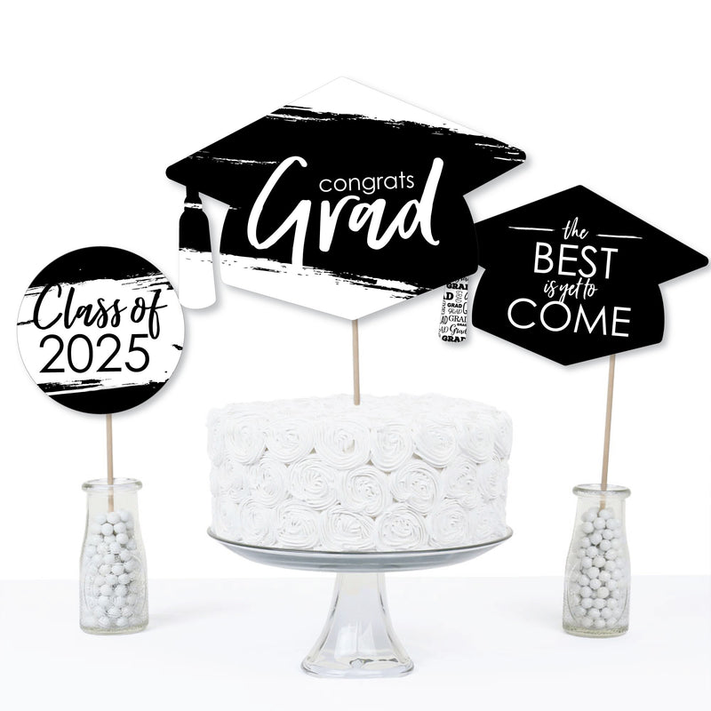 Black and White Grad - Best is Yet to Come - 2025 Black and White Graduation Party Centerpiece Sticks - Table Toppers - Set of 15