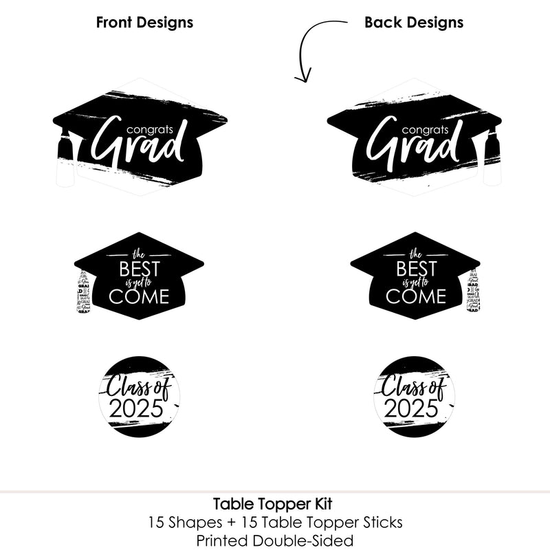 Black and White Grad - Best is Yet to Come - 2025 Black and White Graduation Party Centerpiece Sticks - Table Toppers - Set of 15