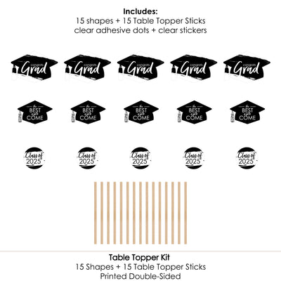 Black and White Grad - Best is Yet to Come - 2025 Black and White Graduation Party Centerpiece Sticks - Table Toppers - Set of 15