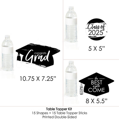 Black and White Grad - Best is Yet to Come - 2025 Black and White Graduation Party Centerpiece Sticks - Table Toppers - Set of 15