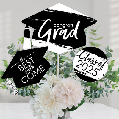 Black and White Grad - Best is Yet to Come - 2025 Black and White Graduation Party Centerpiece Sticks - Table Toppers - Set of 15