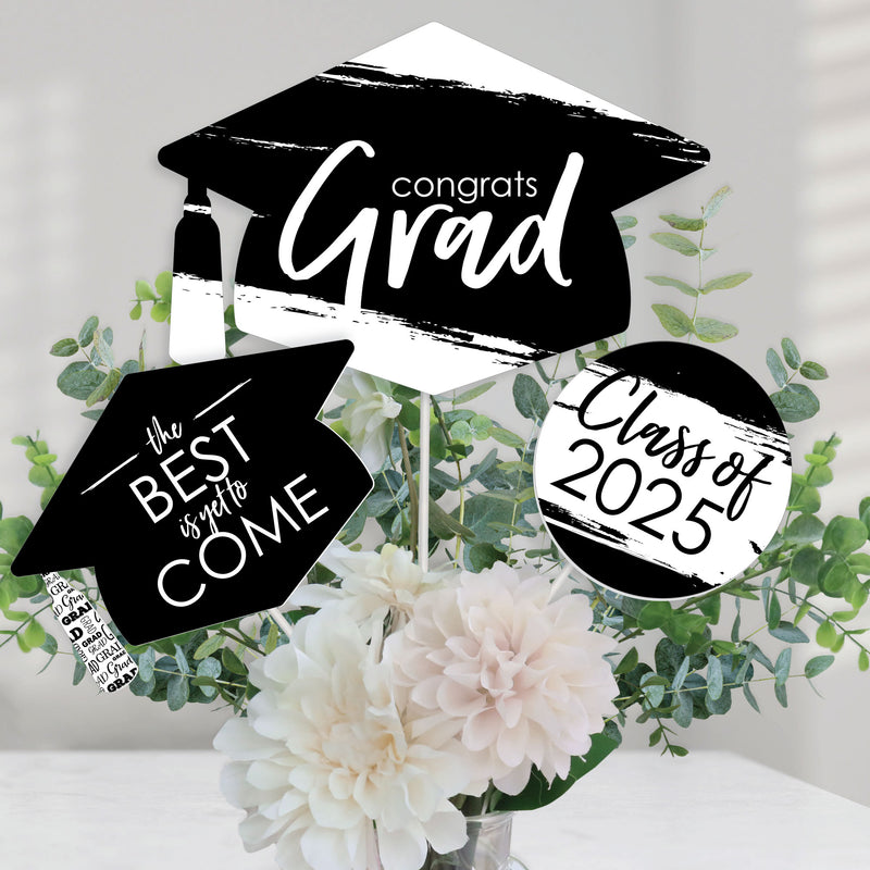 Black and White Grad - Best is Yet to Come - 2025 Black and White Graduation Party Centerpiece Sticks - Table Toppers - Set of 15