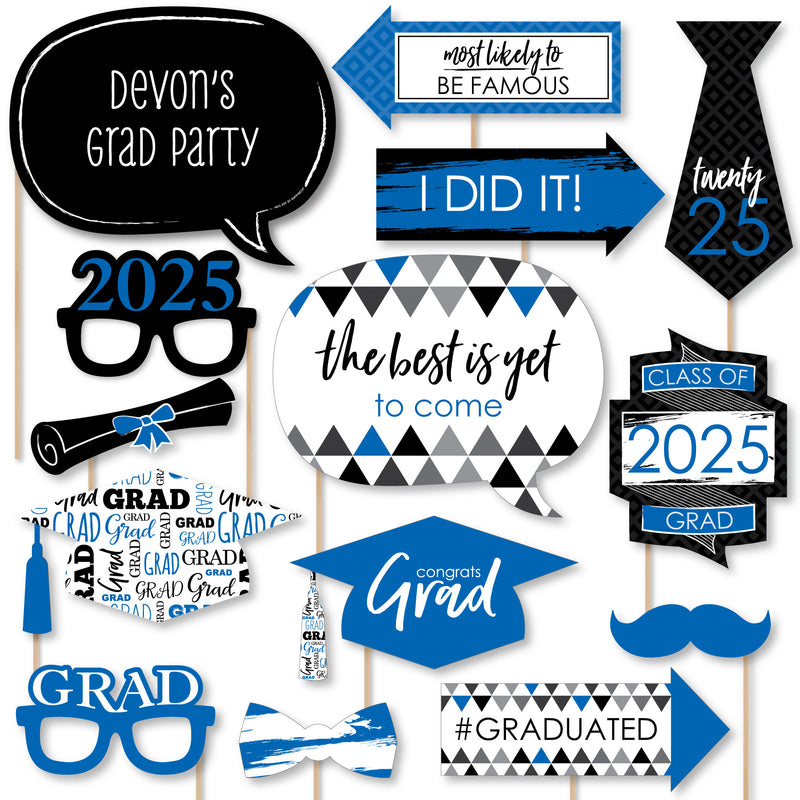 Blue Grad - Best is Yet to Come - Personalized 2025 Graduation Party Photo Booth Props Kit - 20 Count