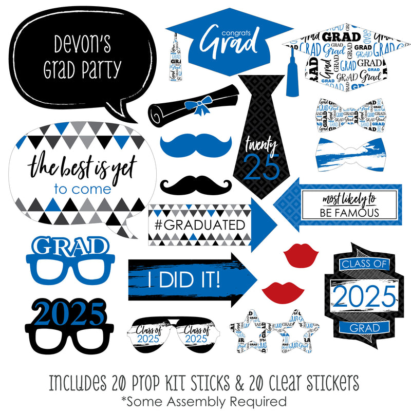 Blue Grad - Best is Yet to Come - Personalized 2025 Graduation Party Photo Booth Props Kit - 20 Count