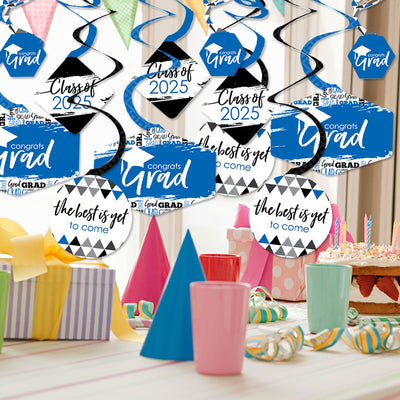 Blue Grad - Best is Yet to Come - 2025 Royal Blue Graduation Party Hanging Decor - Party Decoration Swirls - Set of 40