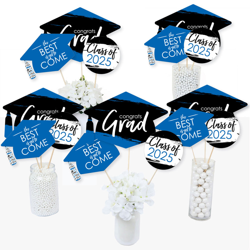 Blue Grad - Best is Yet to Come - 2025 Royal Blue Graduation Party Centerpiece Sticks - Table Toppers - Set of 15