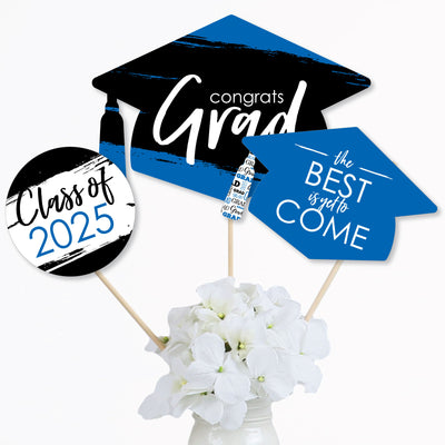 Blue Grad - Best is Yet to Come - 2025 Royal Blue Graduation Party Centerpiece Sticks - Table Toppers - Set of 15