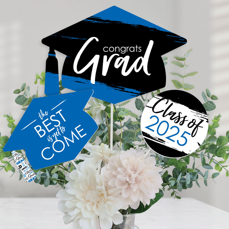 Blue Grad - Best is Yet to Come - 2025 Royal Blue Graduation Party Centerpiece Sticks - Table Toppers - Set of 15