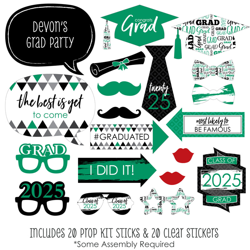 Green Grad - Best is Yet to Come - Personalized 2025 Graduation Party Photo Booth Props Kit - 20 Count