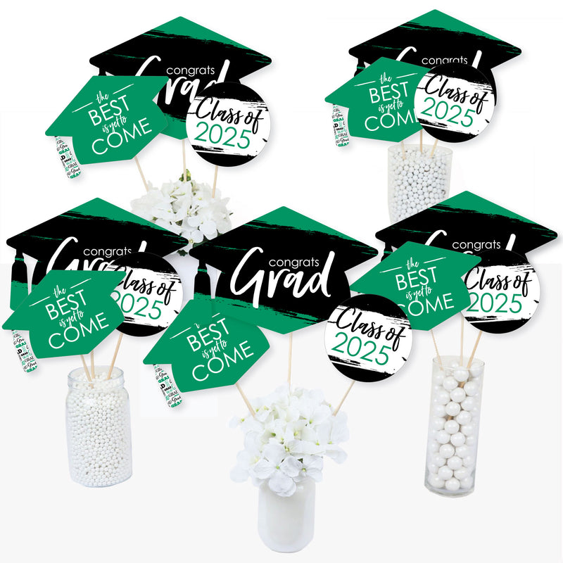 Green Grad - Best is Yet to Come - 2025 Green Graduation Party Centerpiece Sticks - Table Toppers - Set of 15