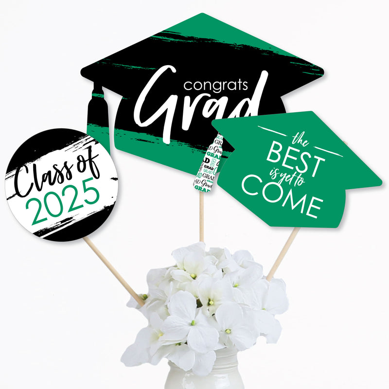 Green Grad - Best is Yet to Come - 2025 Green Graduation Party Centerpiece Sticks - Table Toppers - Set of 15