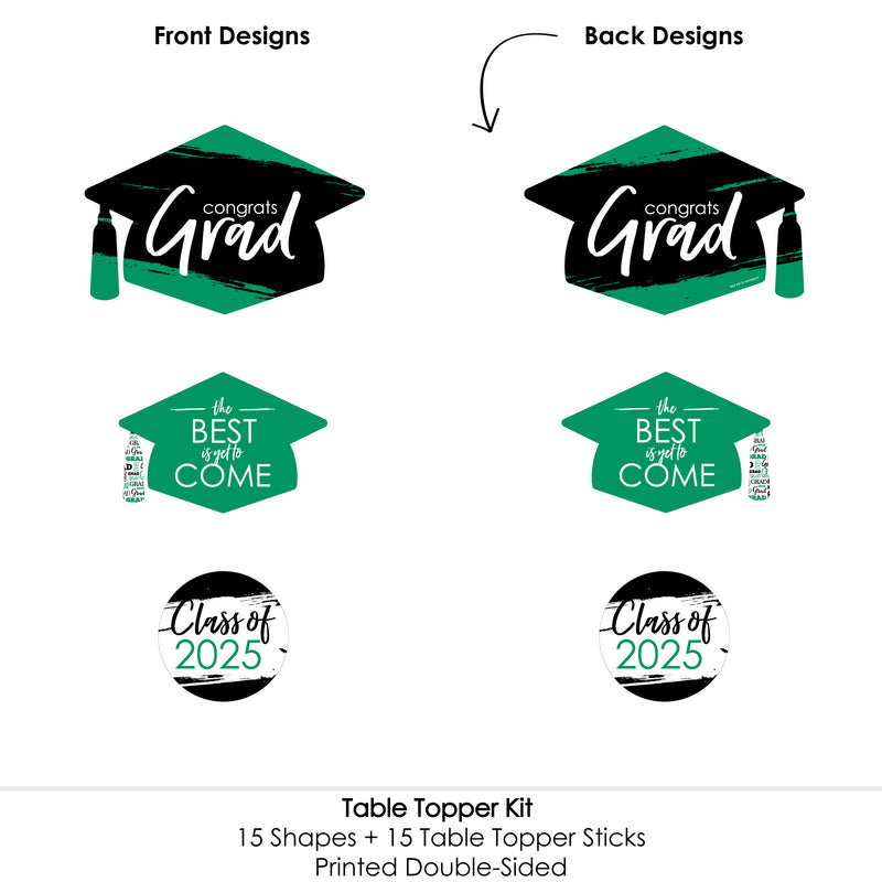 Green Grad - Best is Yet to Come - 2025 Green Graduation Party Centerpiece Sticks - Table Toppers - Set of 15