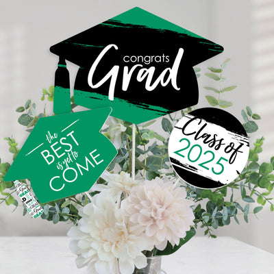 Green Grad - Best is Yet to Come - 2025 Green Graduation Party Centerpiece Sticks - Table Toppers - Set of 15