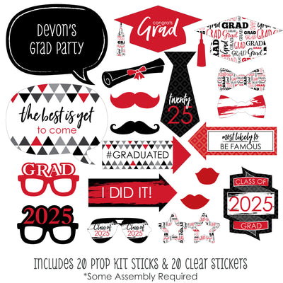 Red Grad - Best is Yet to Come - Personalized 2025 Graduation Party Photo Booth Props Kit - 20 Count