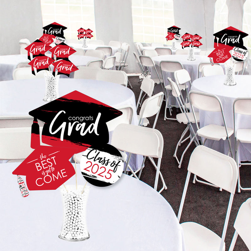 Red Grad - Best is Yet to Come - 2025 Red Graduation Party Centerpiece Sticks - Showstopper Table Toppers - 35 Pieces