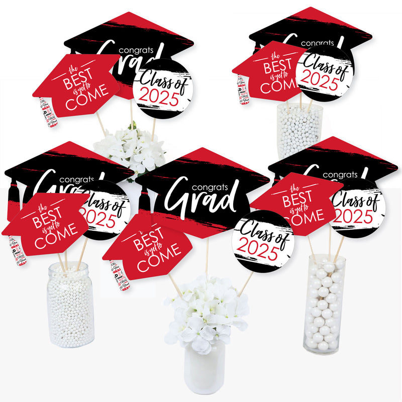 Red Grad - Best is Yet to Come - 2025 Red Graduation Party Centerpiece Sticks - Table Toppers - Set of 15