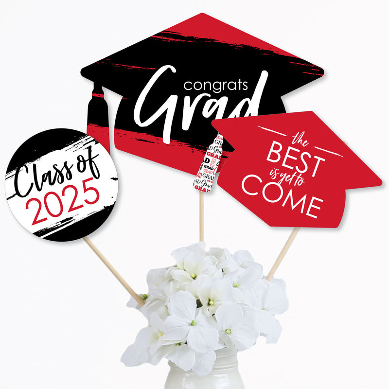 Red Grad - Best is Yet to Come - 2025 Red Graduation Party Centerpiece Sticks - Table Toppers - Set of 15