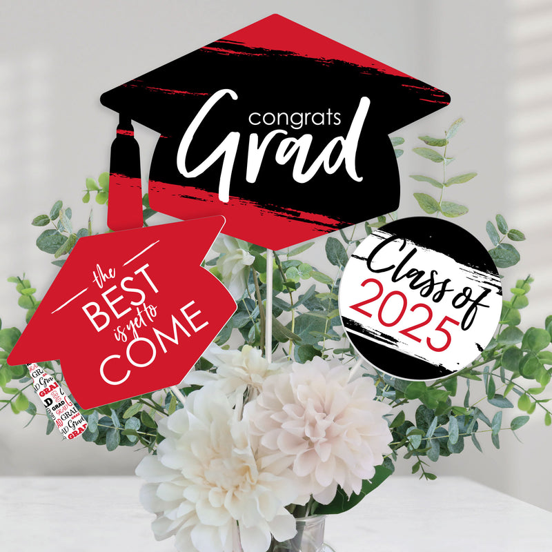 Red Grad - Best is Yet to Come - 2025 Red Graduation Party Centerpiece Sticks - Table Toppers - Set of 15